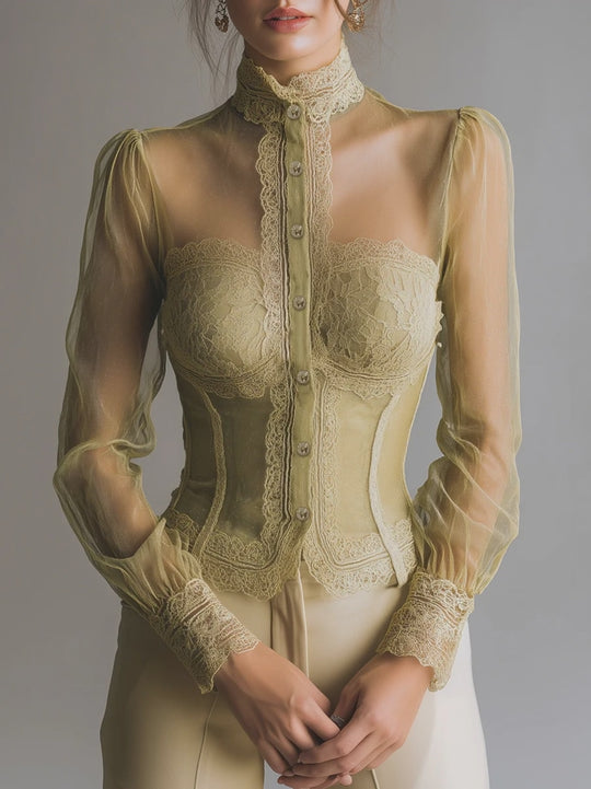 Romantic Mesh And Lace-trimmed Bustier-style Blouse