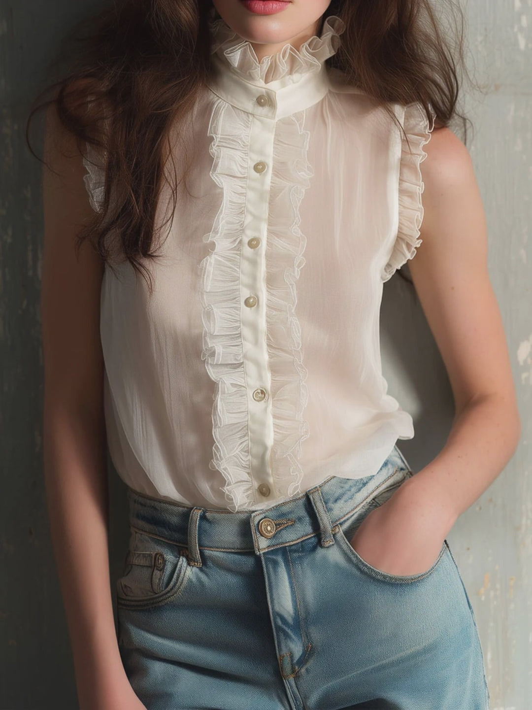Retro Romantic Sheer Ruffled High-Neck Sleeveless Blouse