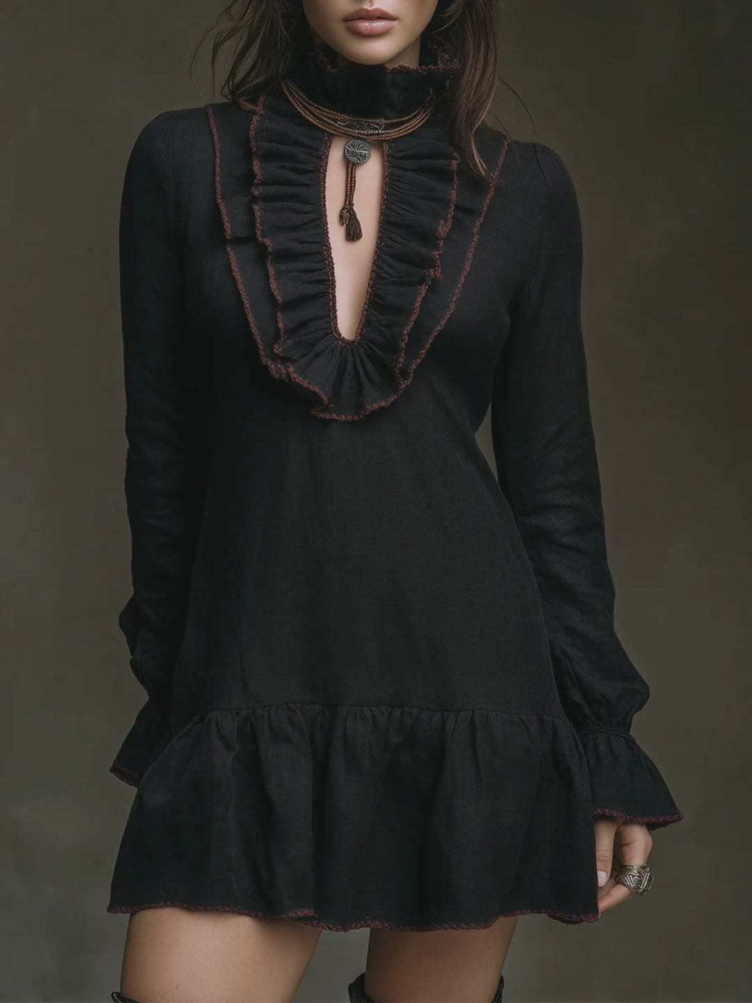 Retro Ruffled Placket Keyhole Neckline Cotton Blend Mini Dress