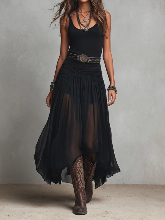 Boho Western Black  Stretchy Maxi  Dress With Sheer Skirt