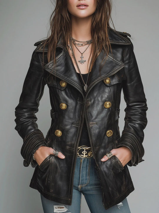 Vintage Black Double-Breasted Faux Leather Jacket