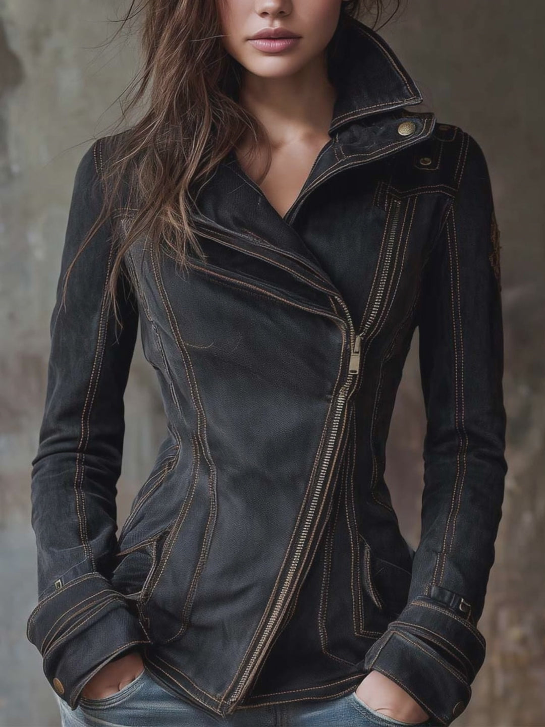 Vintage Washed Denim Moto Jacket – Charcoal Edge