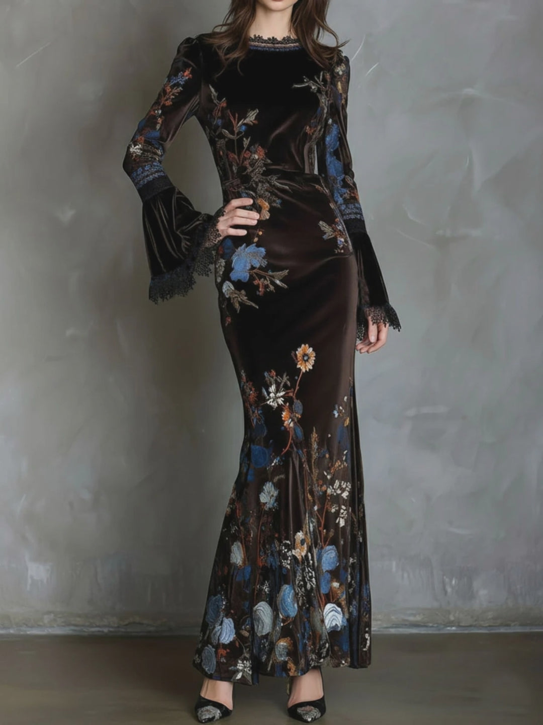 Elegance Midnight Velvet Floral Gown With Lace Trim