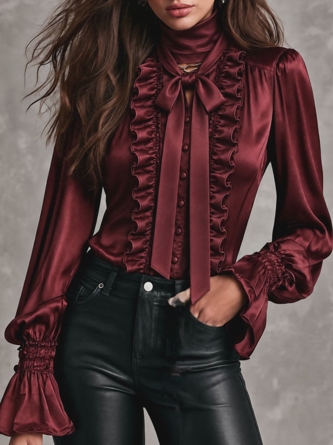 Women's Satin Bow Tie Neck Ruffle Trim Blouse with Bishop Sleeves