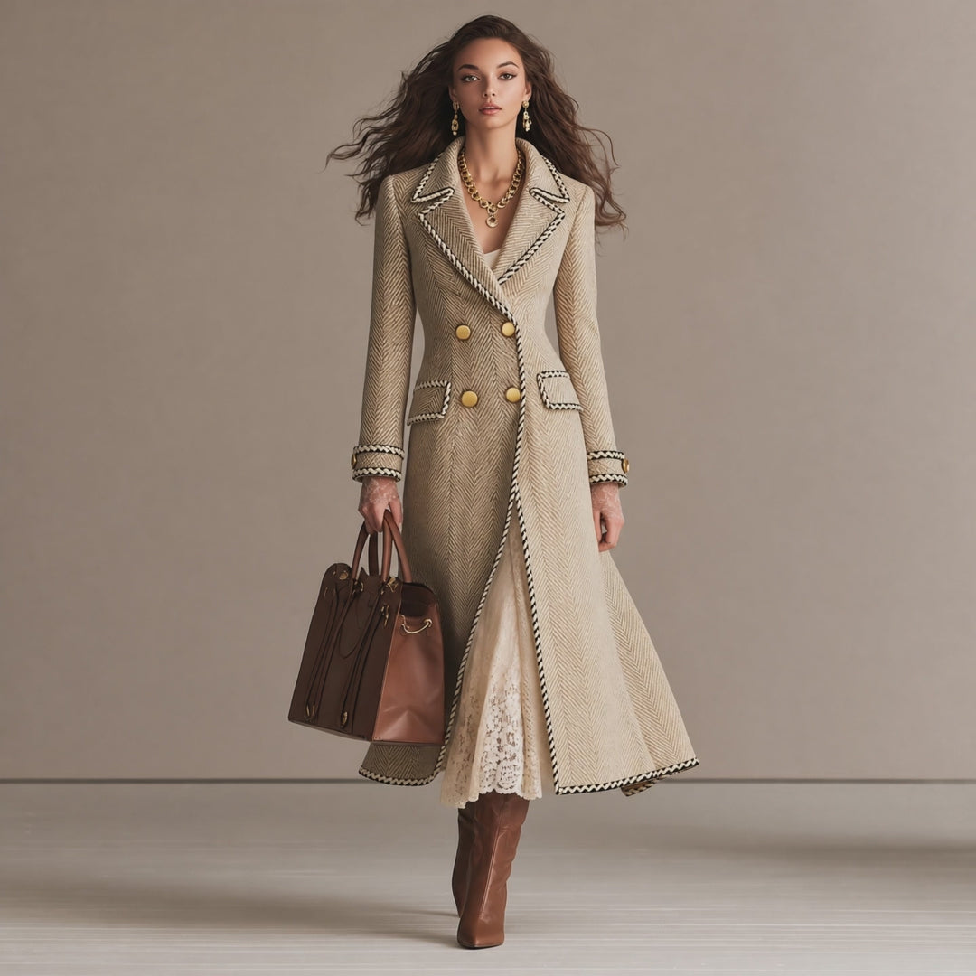 Vintage Herringbone Double-Breasted Long Wool Coat with Contrast Trim