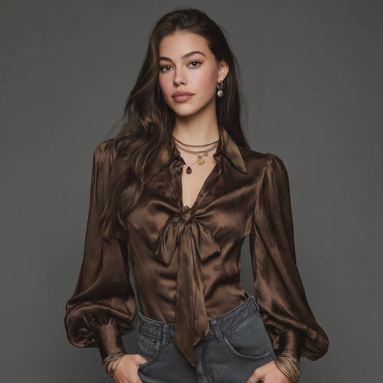 Vintage Satin Bow-Tie Neck Long Sleeve Blouse