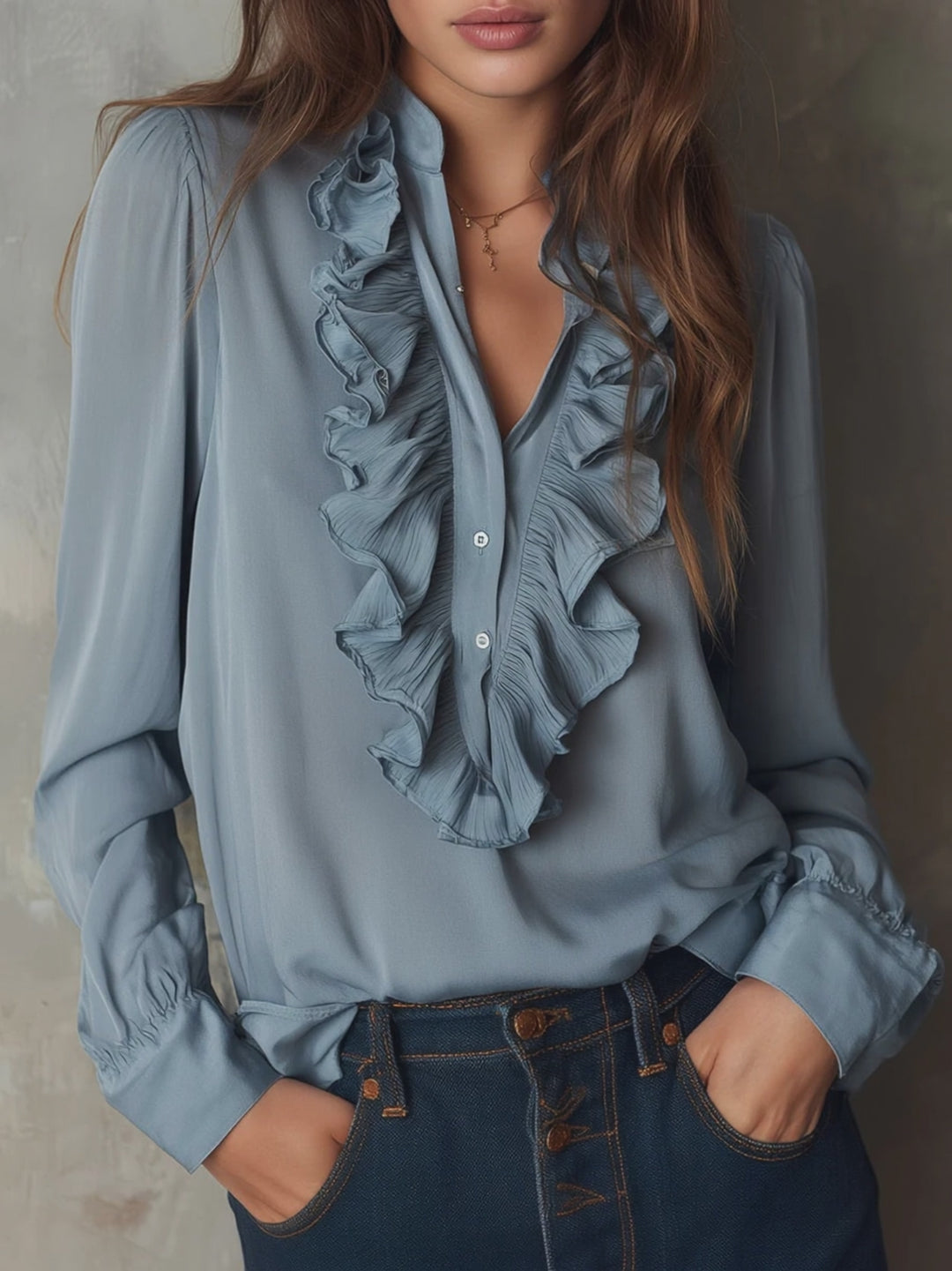 Dusty Blue Ruffle Front V-Neck Button Chiffon Blouse