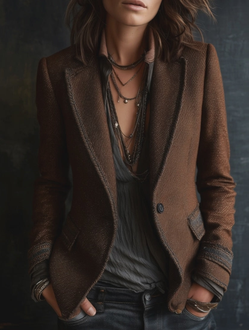 Retro Chic Dark Brownwith Contrast Edge Trim Tailored Blazer