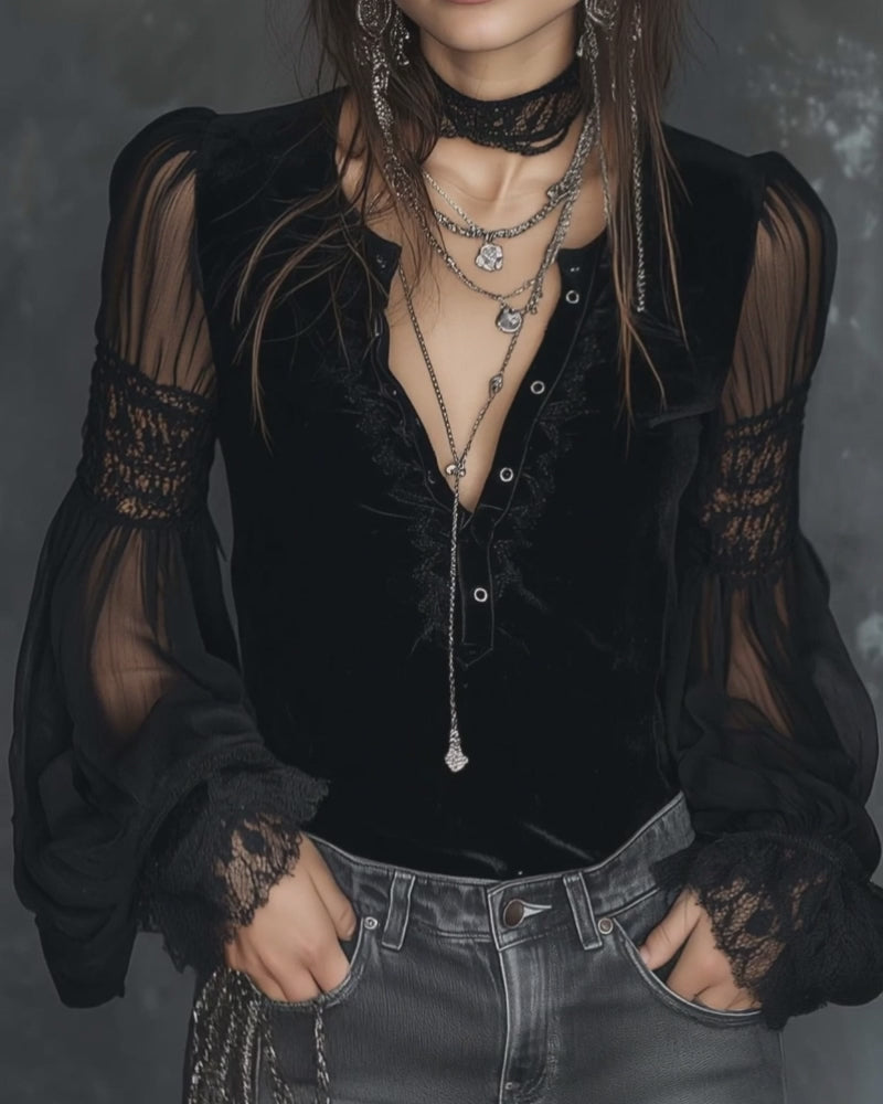 Vintage Henley Collar Sheer Sleeves Lace Trim Polyester Velvet Blouse