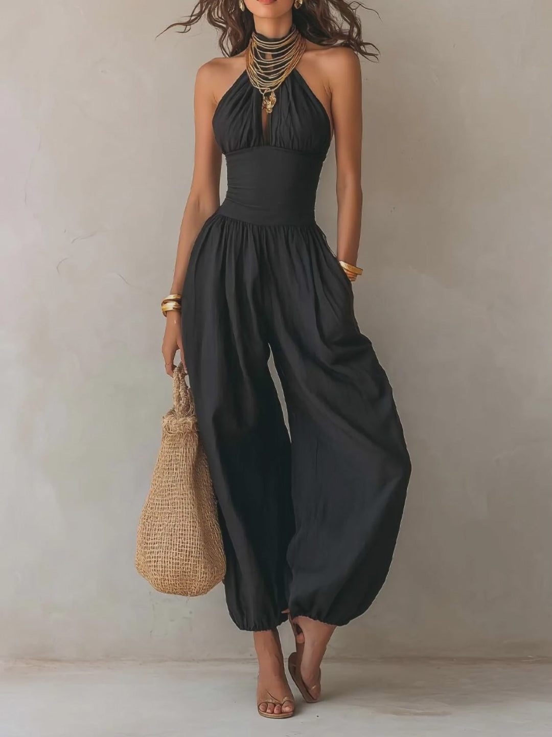 Bohemian Halter Keyhole Balloon-Leg Jumpsuit