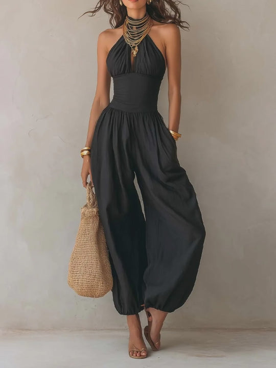Bohemian Halter Keyhole Balloon-Leg Jumpsuit
