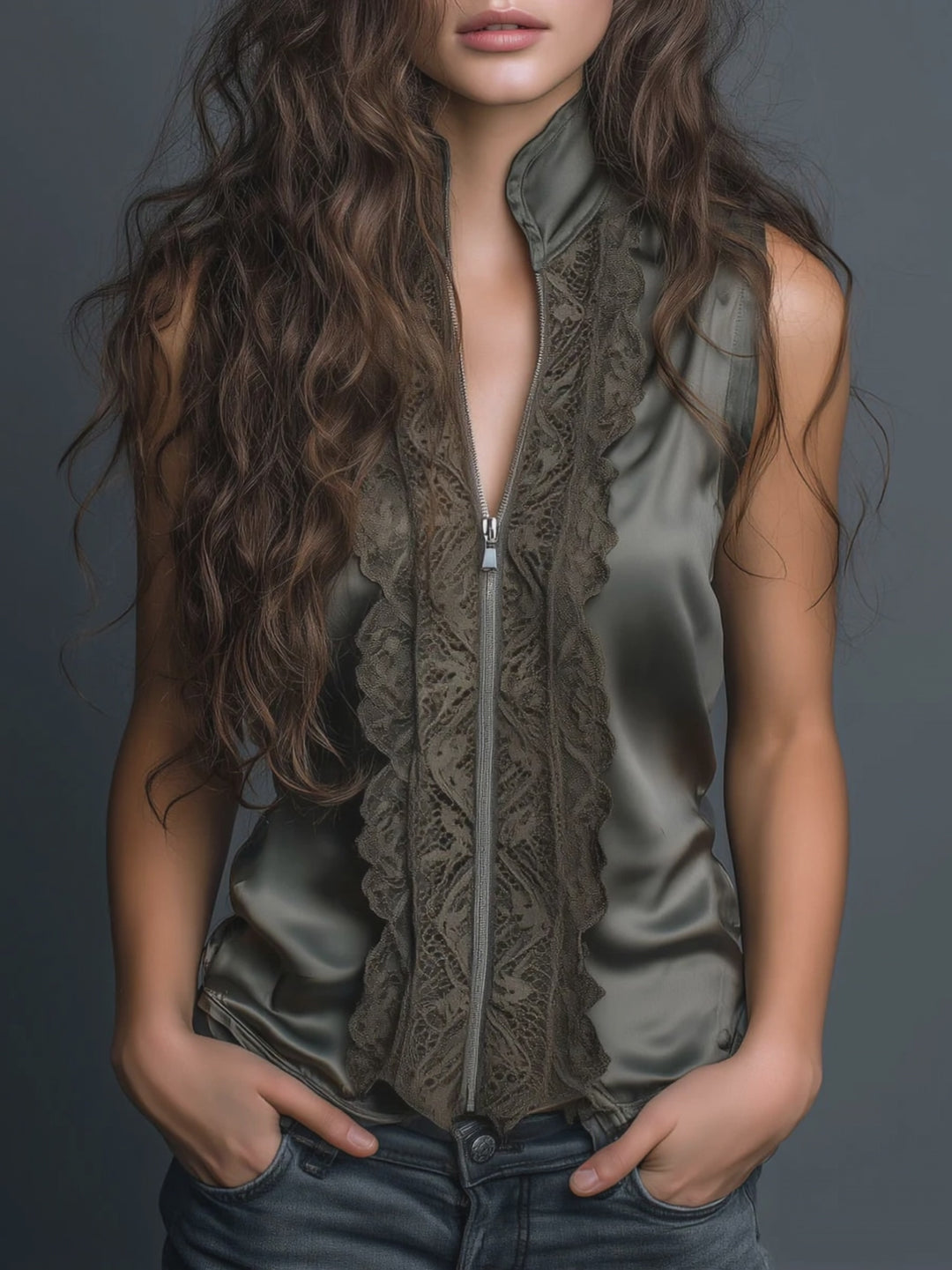 High Collar Olive Satin Lace Trim Sleeveless Blouse
