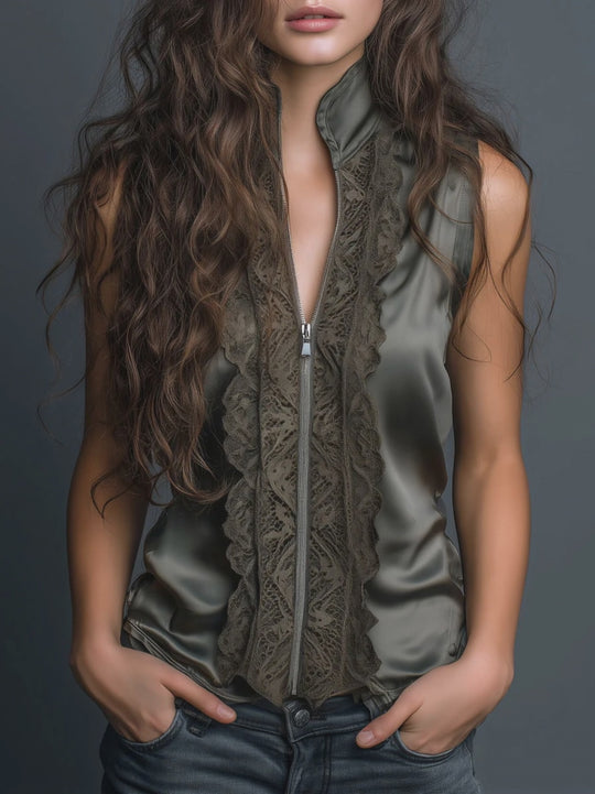 High Collar Olive Satin Lace Trim Sleeveless Blouse