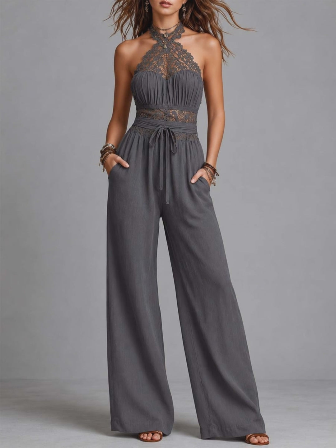 Charcoal Gray Lace Halter Crinkled Cotton-Linen Blend Wide-Leg Jumpsuit