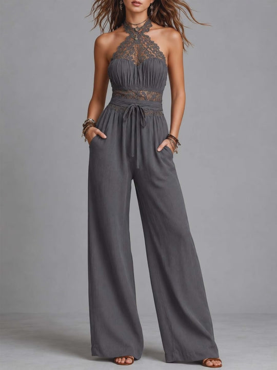 Charcoal Gray Lace Halter Crinkled Cotton-Linen Blend Wide-Leg Jumpsuit