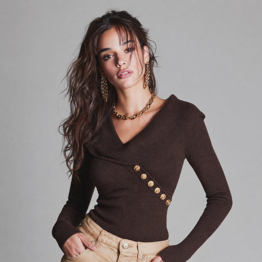 Vintage Ribbed Knit V-Neck Long Sleeve Sweater with Gold Button Detail