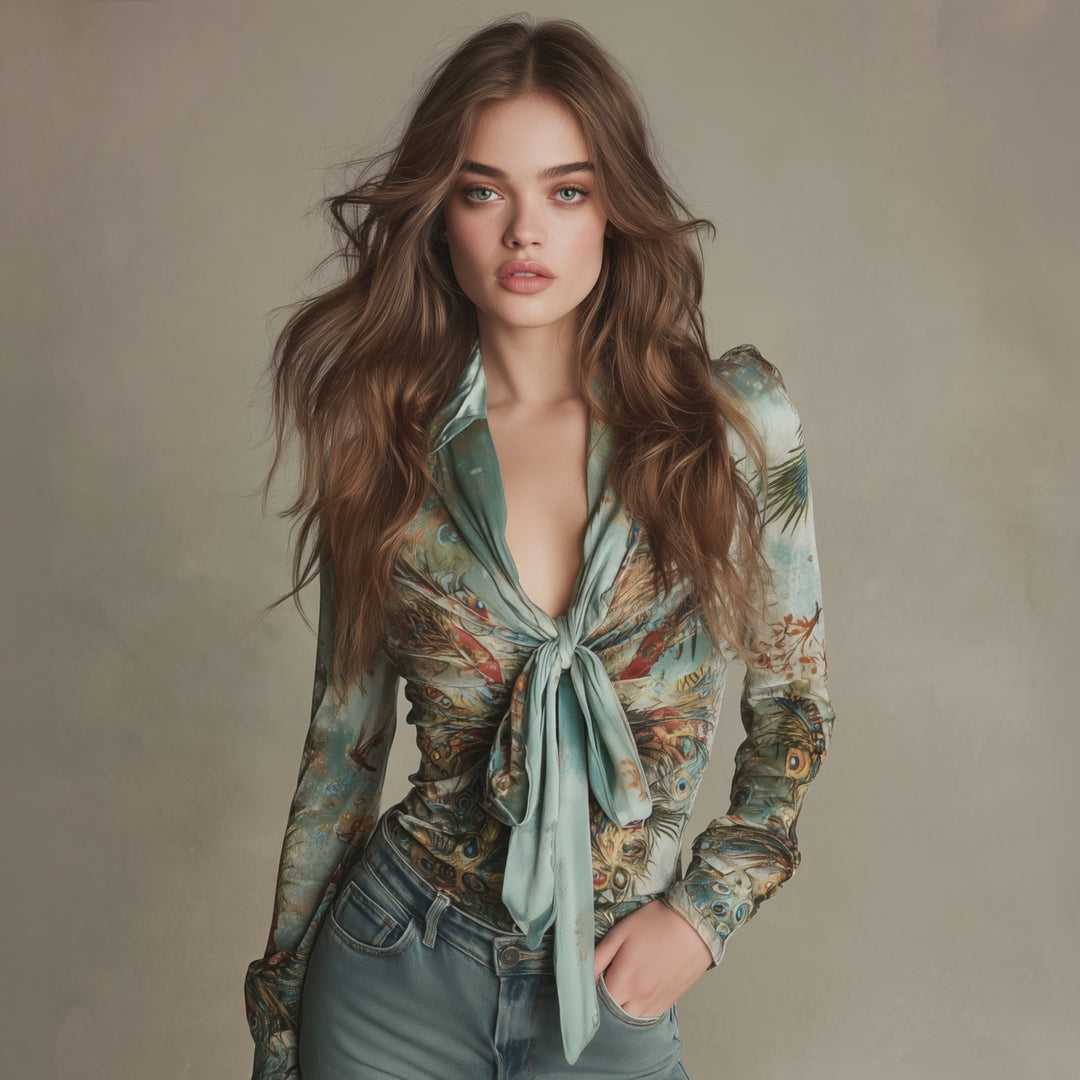 Vintage Peacock Velvet Print Tie-Neck Long Sleeve Blouse