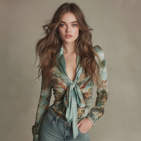 Vintage Peacock Velvet Print Tie-Neck Long Sleeve Blouse