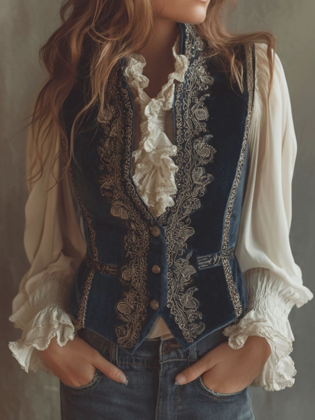 Vintage Baroque Navy Blue Velvet Embroidered Vest