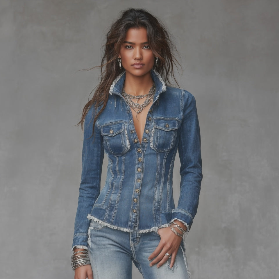 Classic Retro Fitted Frayed-Edge Denim Shirt Jacket with Button Front