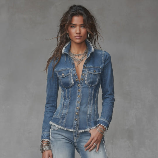 Classic Retro Fitted Frayed-Edge Denim Shirt Jacket with Button Front