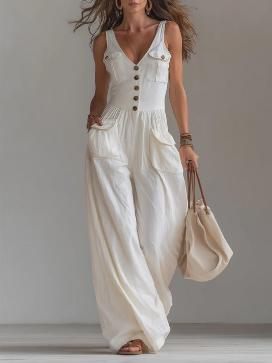 Casual Sleeveless Wide-leg Jumpsuit With Patch Pockets
