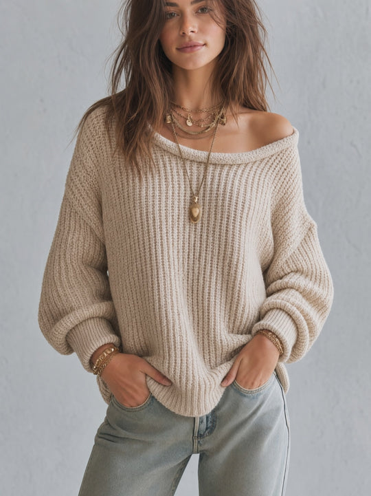 Women's Off-Shoulder Chunky Knit Sweater Oversized Long Sleeve Pullover