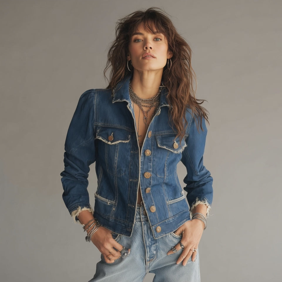 Classic Retro Distressed Frayed Denim Jacket with Vintage Buttons