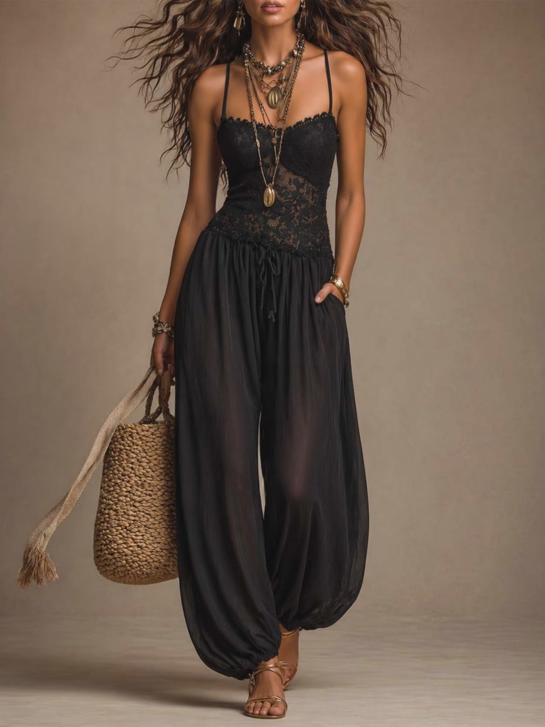 Black Lace Chiffon Halter Harem Jumpsuit