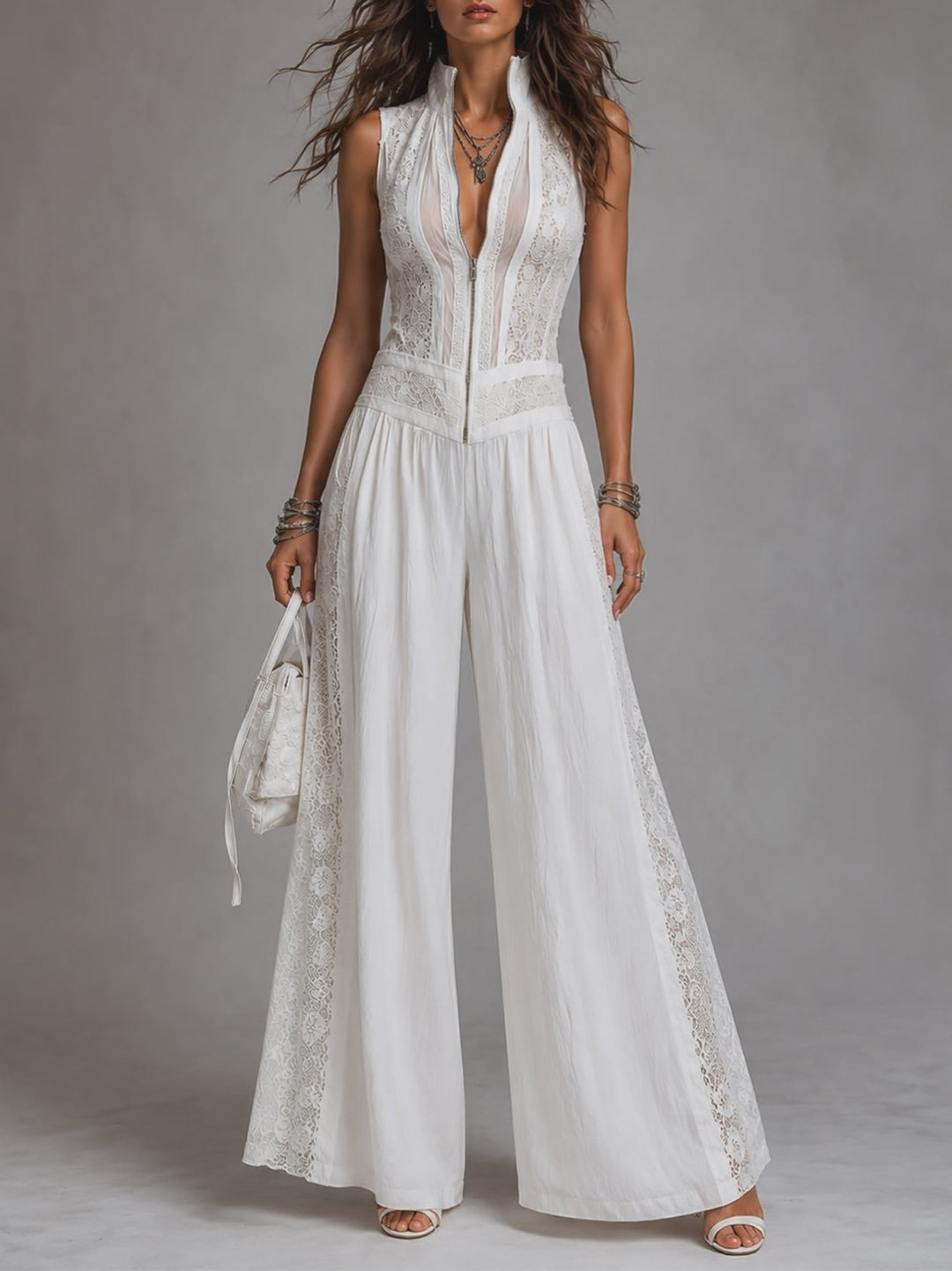 Retro Stand-Collar Tencel Wide-Leg Jumpsuit With Lace Trim