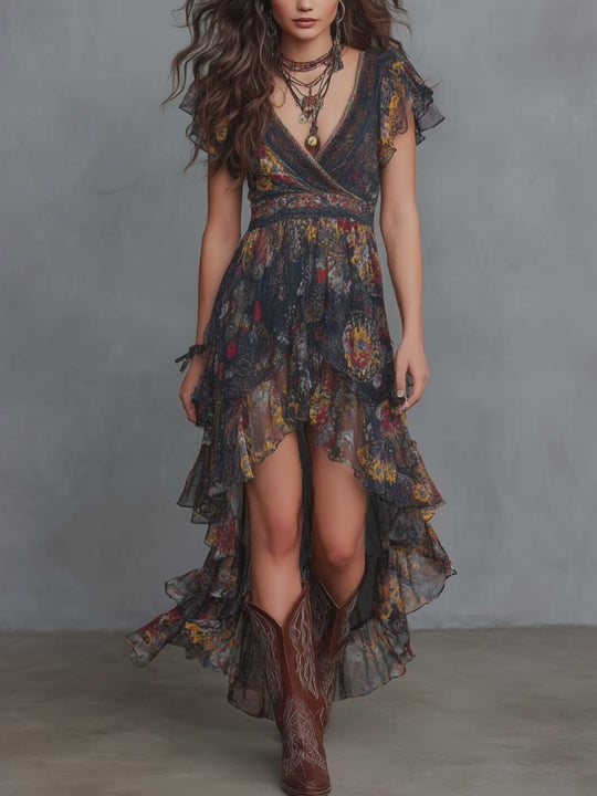 Retro Ethnic Print Chiffon Midi Dress