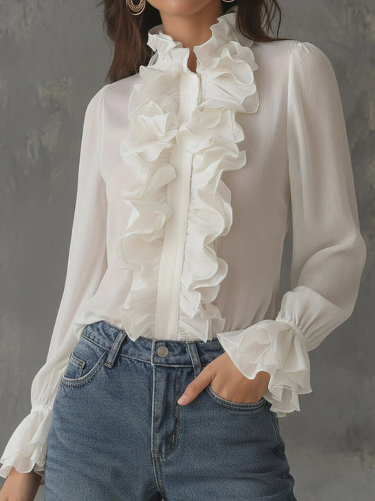 Retro Romantic High Neck White Ruffled Chiffon Blouse