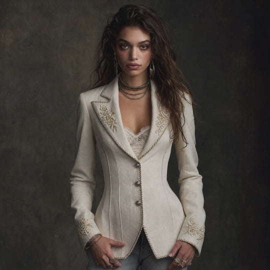 Boho Floral Embroidered Linen Blazer Lapel Single‑Breasted Slim Jacket