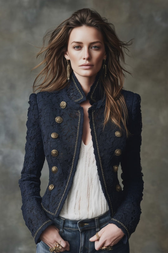 Women's Navy Lace Military Jacket with Gold Button Details