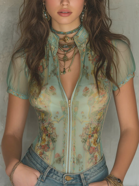 Retro-print Slim-fit Chiffon Short-sleeved Blouse