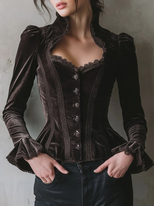 Retro Chocolate Velvet Corset Blouse With Lace Trim