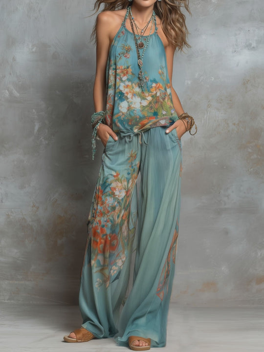 Boho Ocean Bloom Floral  Halter Chiffon Two-Piece Set