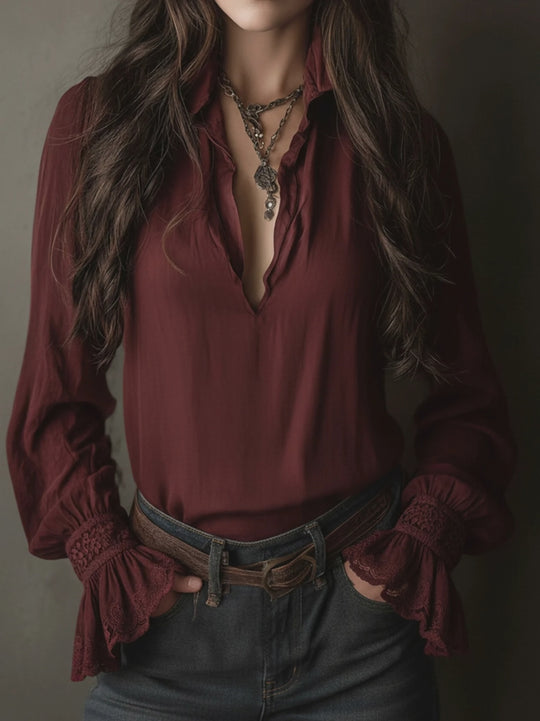 Boho V-Neck Deep Wine Red Blouse With Lace Cuffs