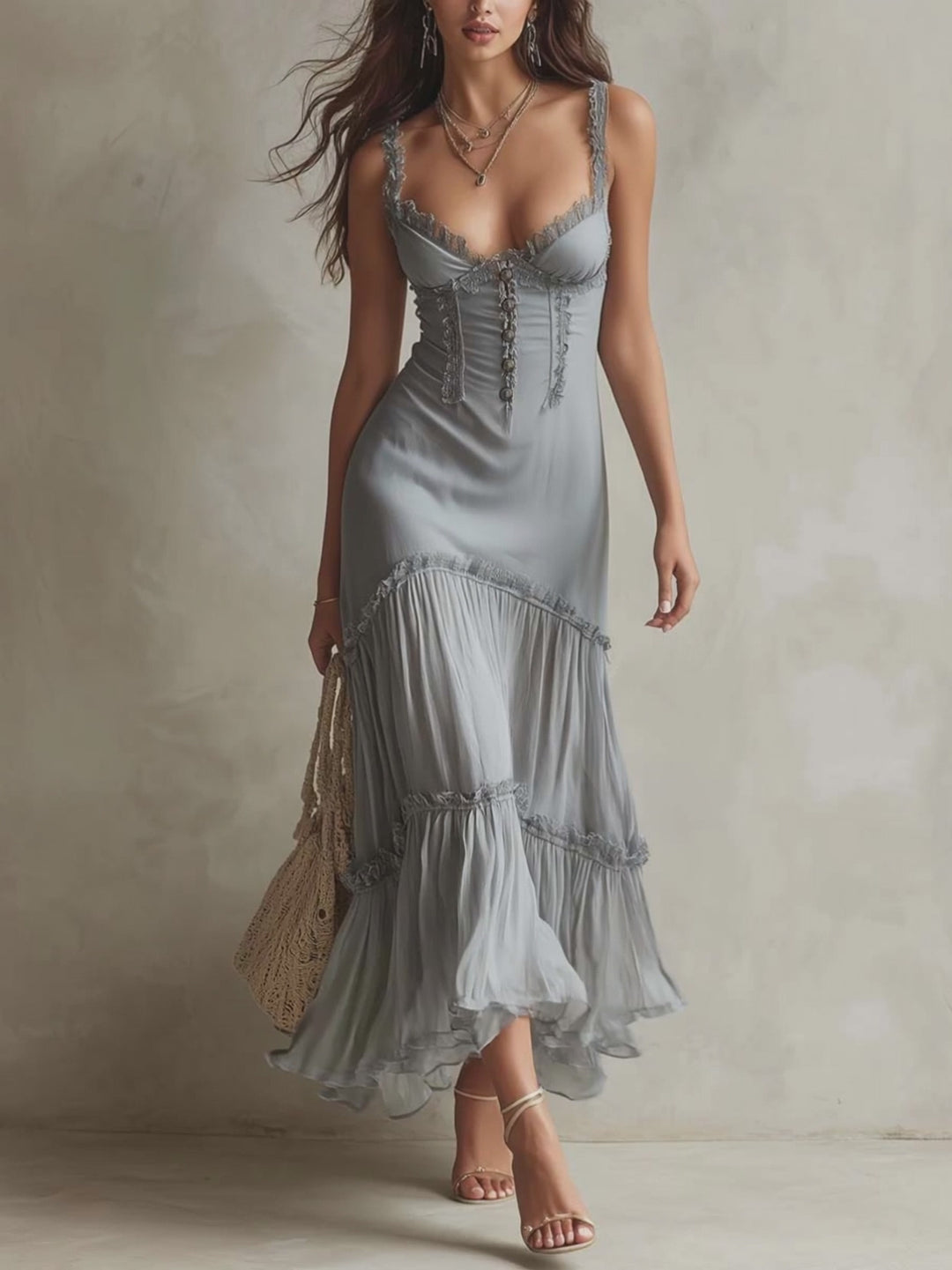 Bohemian Romantic Lace Trim Corset Chiffon Midi Dress