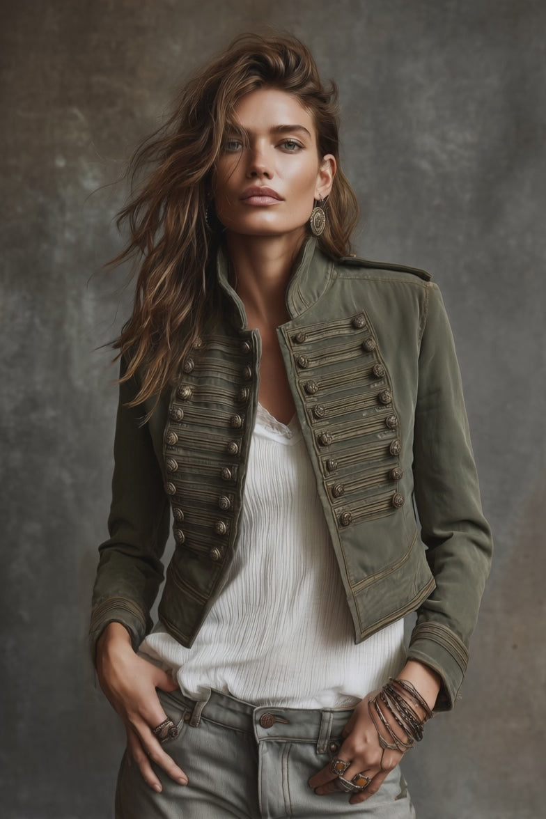 Vintage Military Gold-Braid Olive Green Cropped Jacket