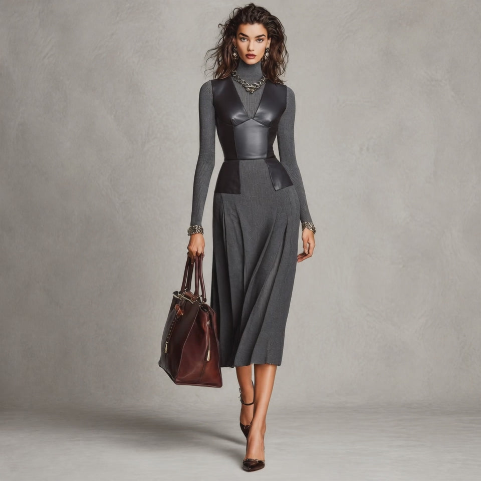 Vintage Faux Leather Bustier Overlay Ribbed Knit Midi Dress