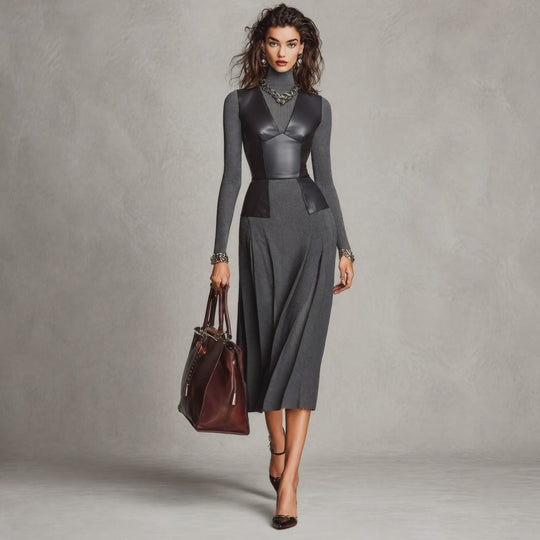 Vintage Faux Leather Bustier Overlay Ribbed Knit Midi Dress