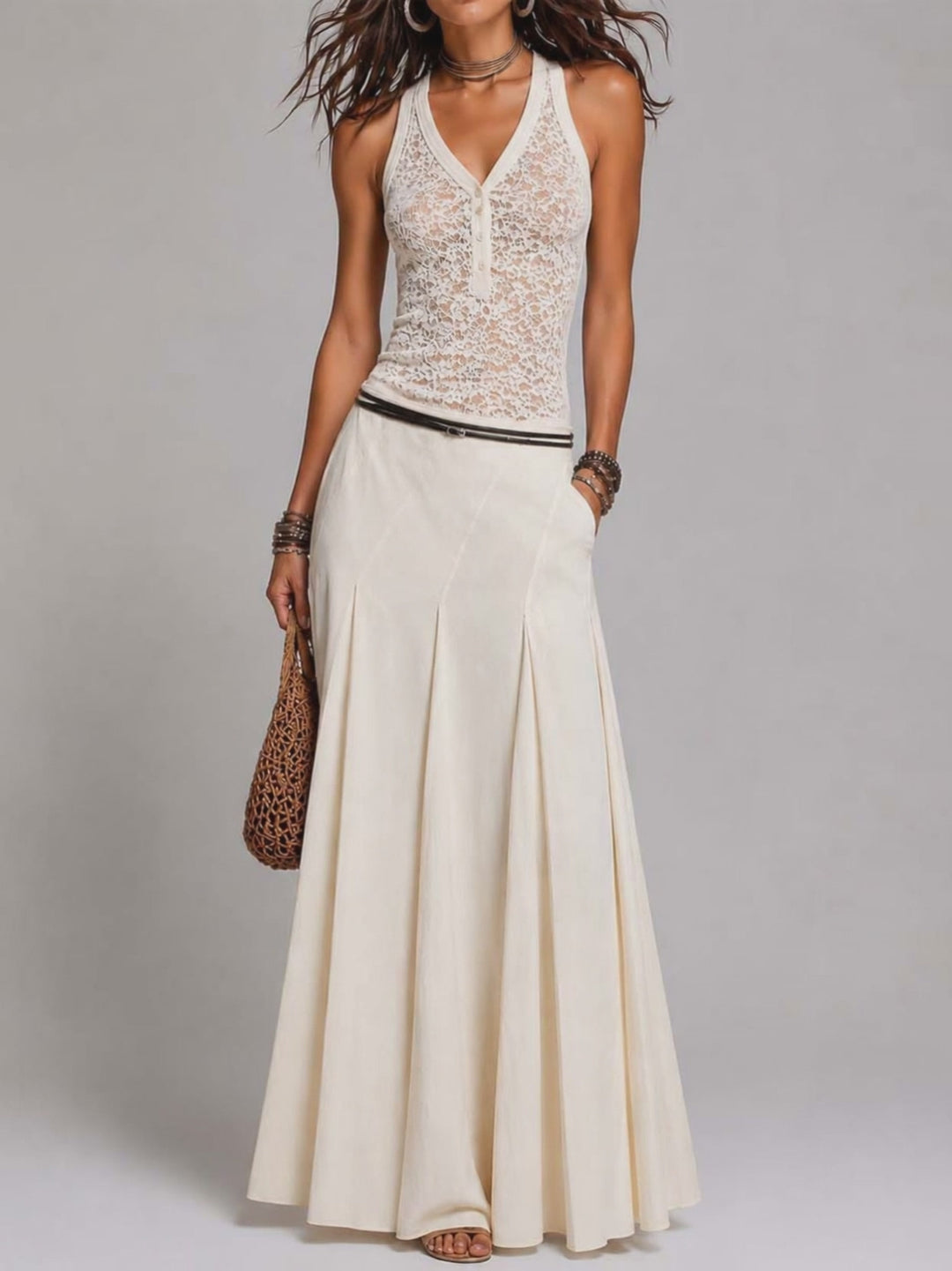 Vintage Neck Lace Tank Top & Pleated Maxi Skirt Two Piece Set