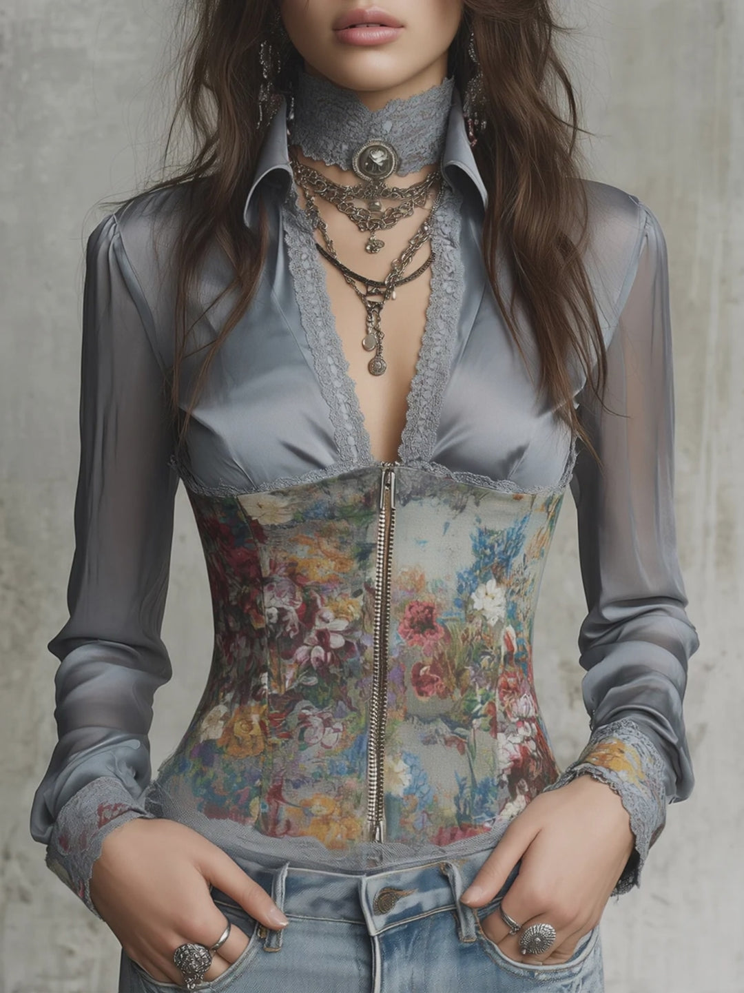 Elegant Oil Painting Flower Satin Long Sleeve Blouse