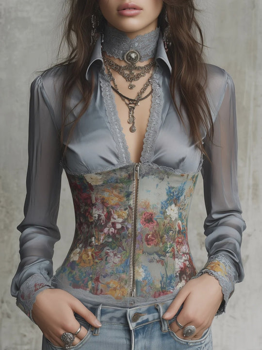 Elegant Oil Painting Flower Satin Long Sleeve Blouse