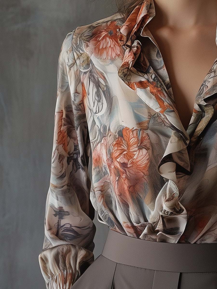 Elegant Floral Ruffle Blouse in Silk Finish