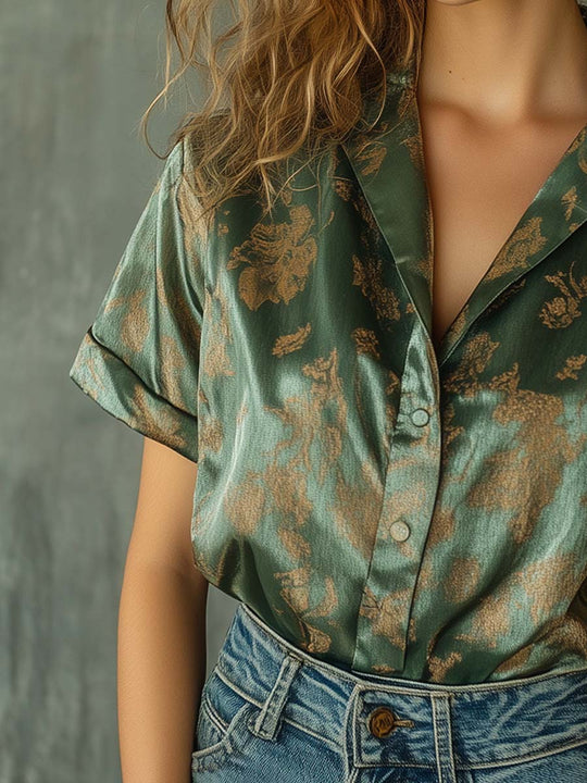 Satin Botanical Print Shirt in Emerald