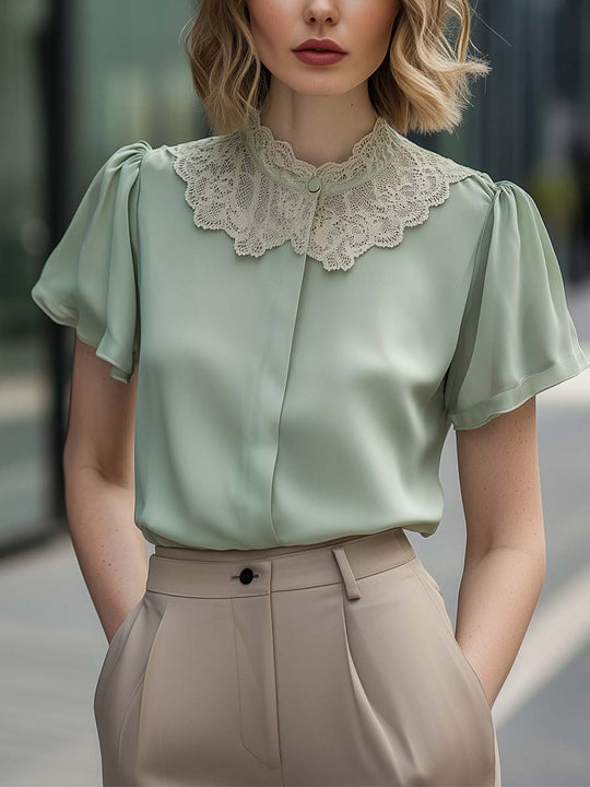 Elegant Mint Green Lace Collar Blouse with Flutter Sleeves