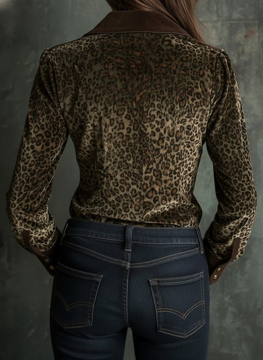 Retro Contrast Collar And Cuffs Velvet Leopard Print Blouse