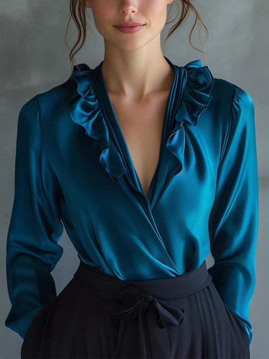 Luxe Teal Satin Ruffle Blouse